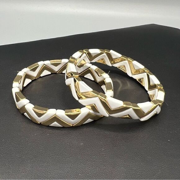 Enamel Tile Stretch Stackable White Gold Set of 3 Bracelets - Picture 2 of 6